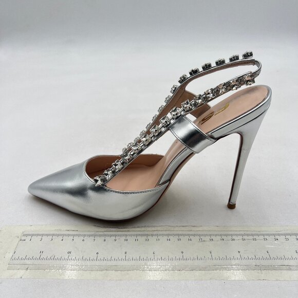 FSJ Metallic Silver Slingback Shoes Stiletto Heel Rhinestone Sandals - Picture 2 of 8